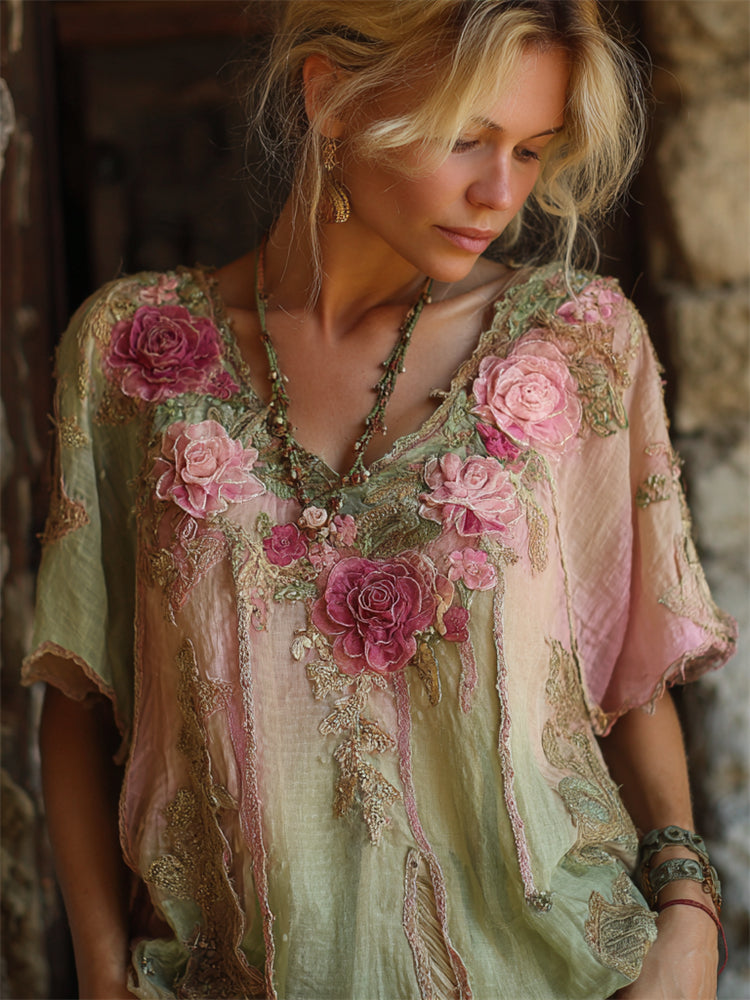 Boho Pink Roses 3d Embroidered Glitter Gradient Linen Shirt elevenforest