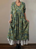 Women's Vintage Paisley Floral Art Print V-Neck Button Pocket Cotton D