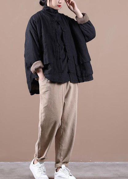 Black Fine Linen Jacket Cotton Filled Coat Winter