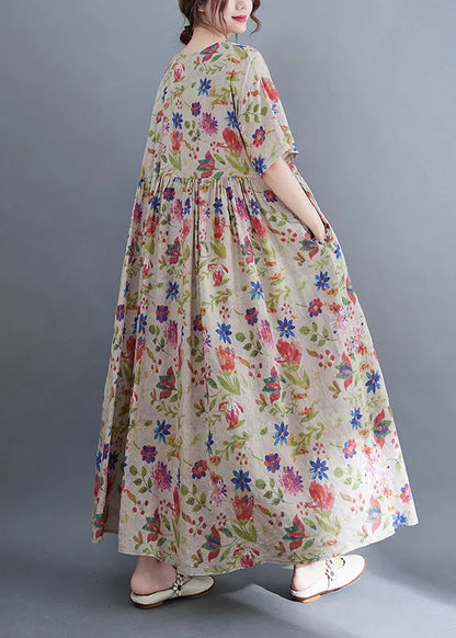 O-neck Cinched Extra Large Hem Print Holiday Dresses Short Sleeve