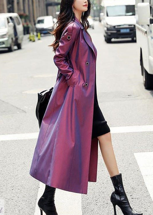 Purple Button Pockets Patchwork Cotton Long Trench Coats Fall