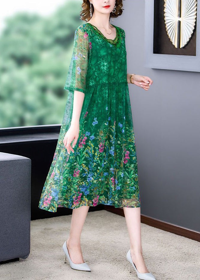 Green Ruffled Print Tulle Dress Half Sleeve