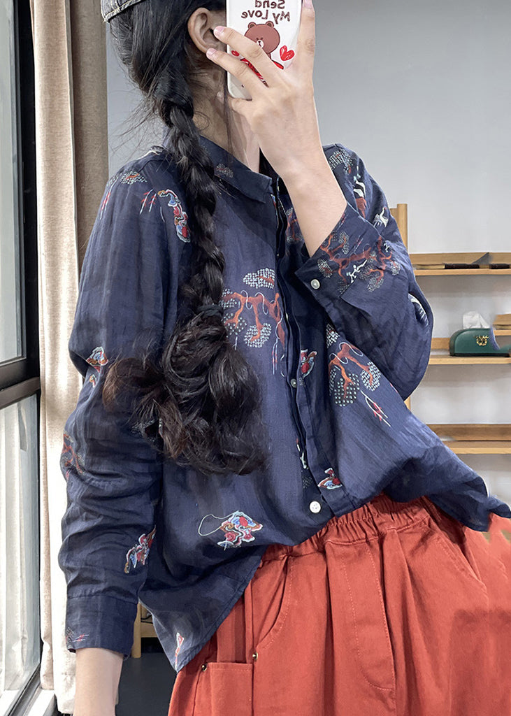 Navy Oversized Print Linen Shirts Spring