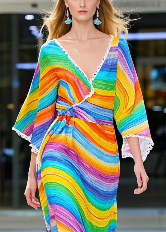 Rainbow V Neck Striped Chiffon Dress Summer