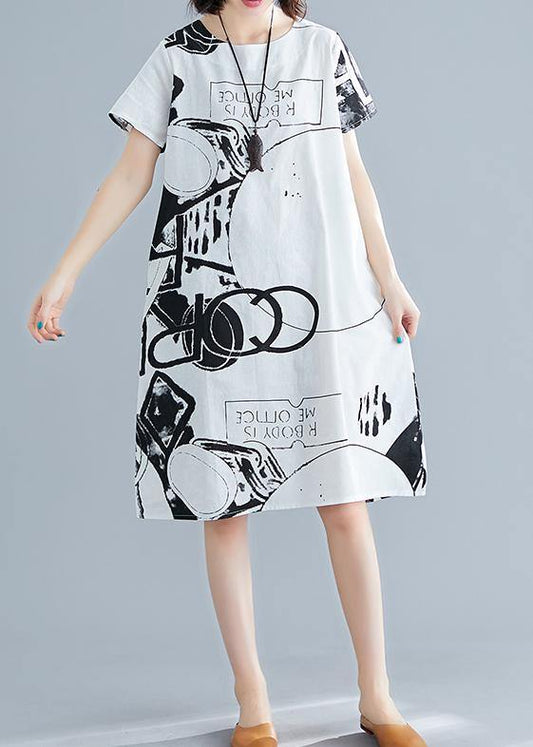 Classy White Print Linen Wardrobes O Neck Short Sleeve Shift Summer Dress