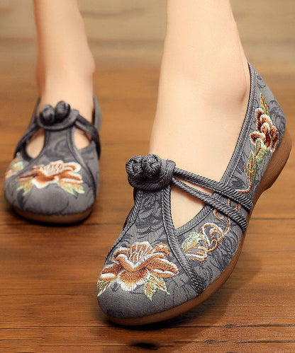 Embroideried Flat Shoes for Grey Cotton Fabric Chinese Button