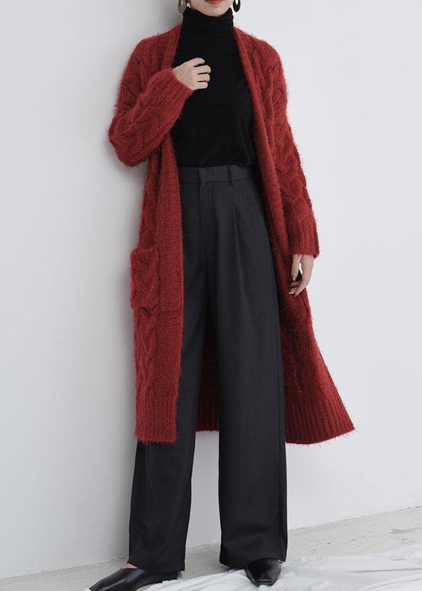 For Burgundy Oversize Fall Pockets Knit Sweat Tops