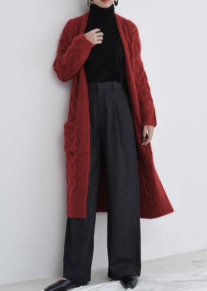 For Burgundy Oversize Fall Pockets Knit Sweat Tops