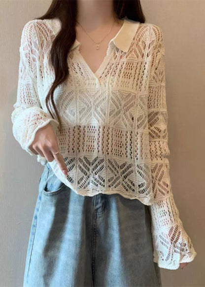 Stylish Apricot Peter Pan Collar Hollow Out Knit Top Summer