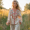 Vintage Bohemian Floral Embroidered Linen T-shirt elevenforest