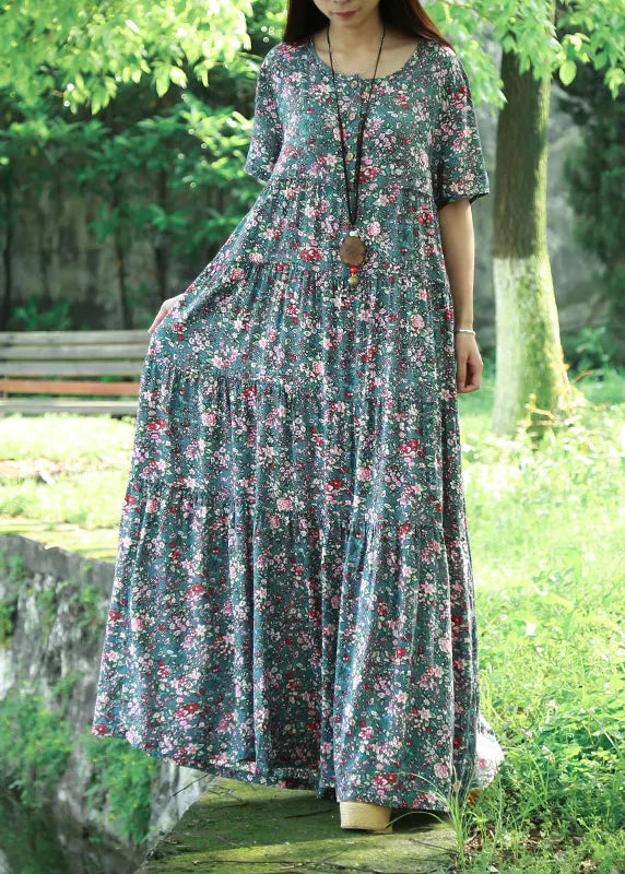 Blue O Neck Print Patchwork Cotton Maxi Dress Summer