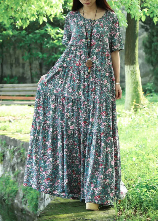 Blue O Neck Print Patchwork Cotton Maxi Dress Summer