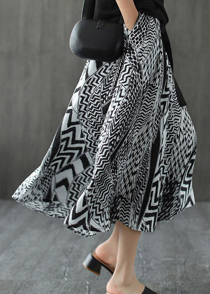 Black White Print Patchwork Pockets Elastic Waist Linen Skirt Summer