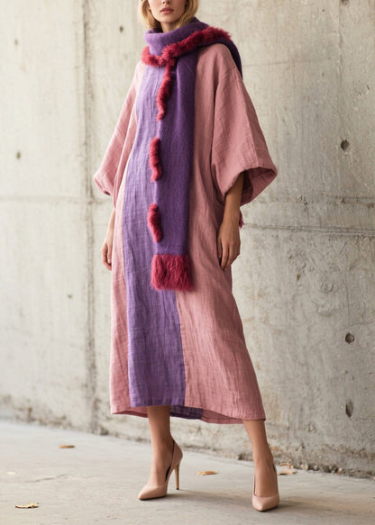 Pink Oversized Patchwork Cotton Robe Dresses Lantern Sleeve