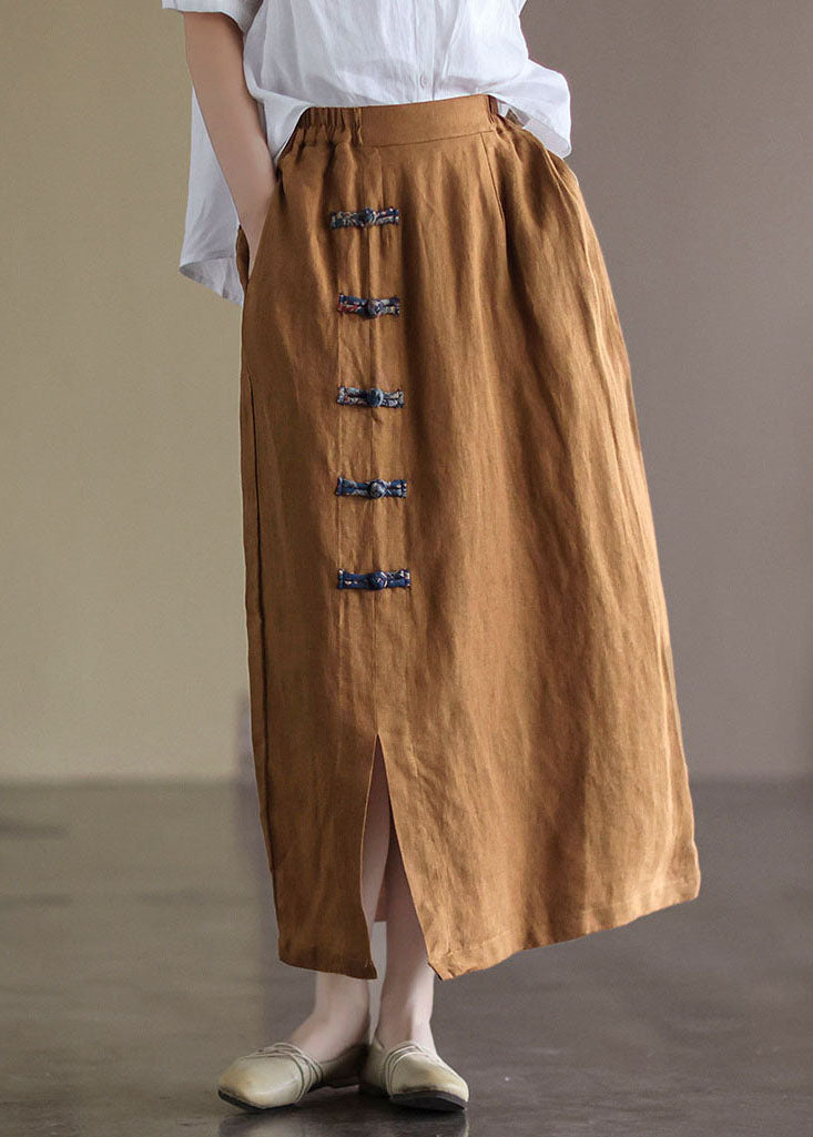 Brown Elastic Waist Side Open Linen Skirt Summer