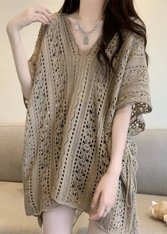 French Khaki V Neck Hollow Out Loose Knit Top Summer