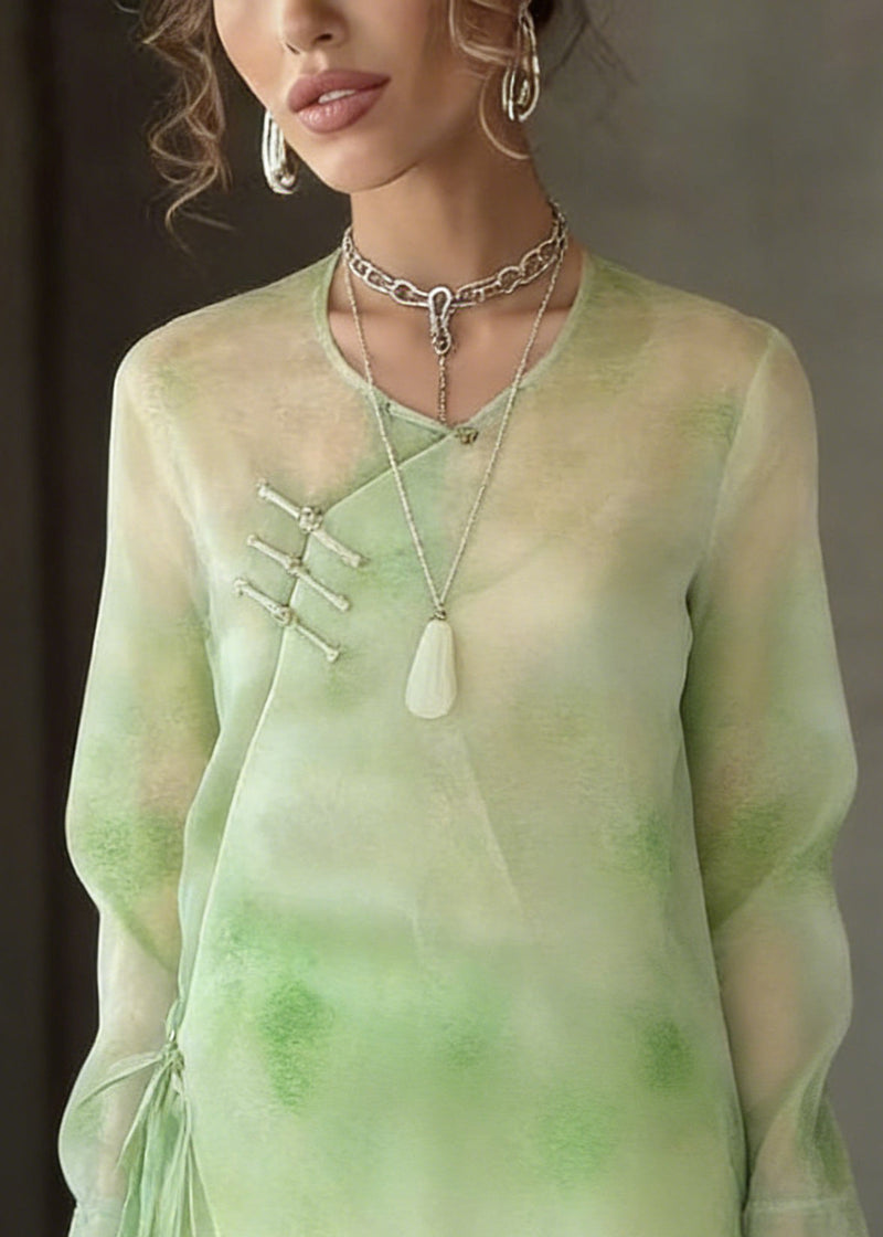 Boutique Light Green Tie Dye Tie Waist Silk Tops Flare Sleeve