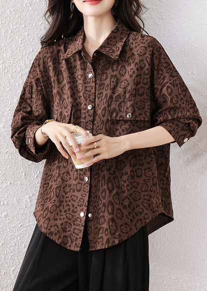 Coffee Leopard Pockets Cotton Shirts Fall