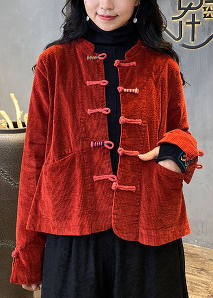 Red Button O-neck Pockets Corduroy Coats