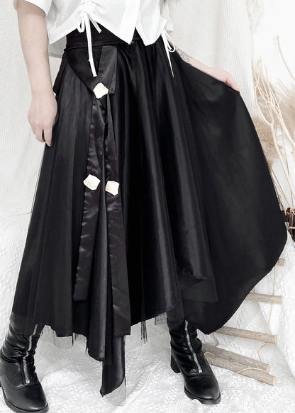 French Black Asymmetrical High Waist Tulle Maxi Skirts Summer