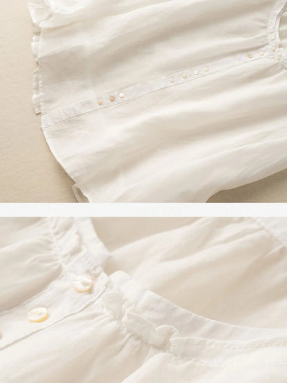 Pure Color Crew Neck Long Sleeve Linen Top