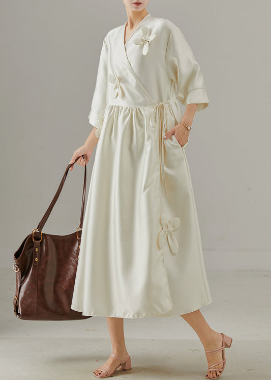 Boutique White Three-dimensional Lace Up Silk Dress Summer