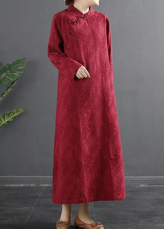 Classy Red Jacquar Dresses Stand Collar a Line Dress