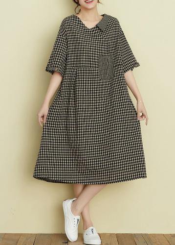 Classy V Neck Patchwork Linen Summer Clothes for Tutorials Black Plaid Dress