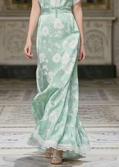 Art Light Green Print Patchwork Lace Party Dress Summer