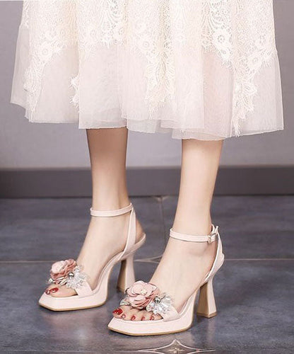Handmade Zircon Splicing Chunky Heel Sandals Pink Faux Leather
