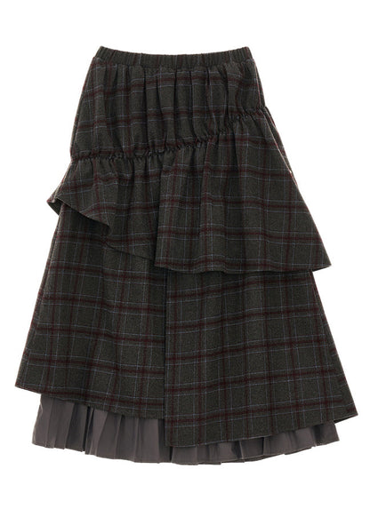 Grey Plaid False Two Pieces Patchwork Cotton Skirts Spring
