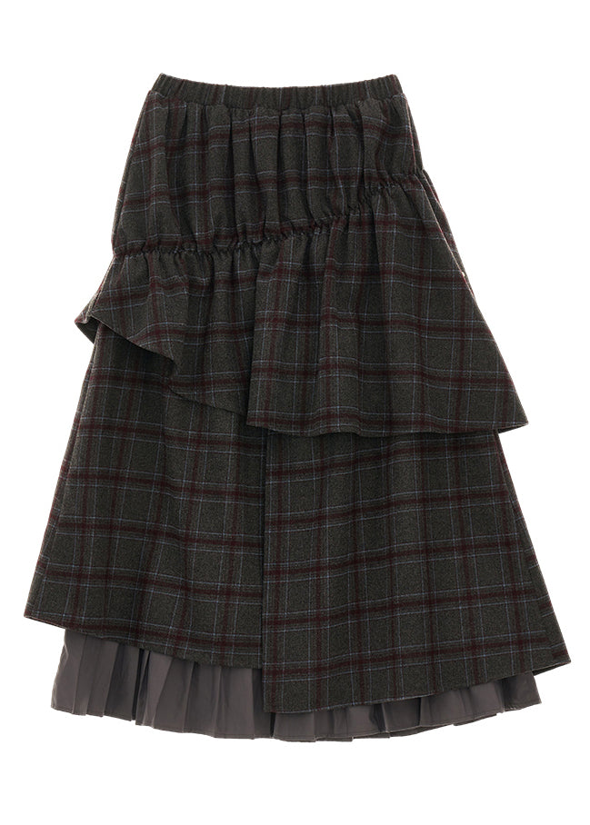 Grey Plaid False Two Pieces Patchwork Cotton Skirts Spring