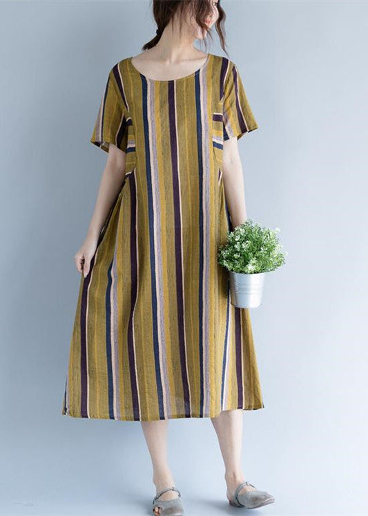 Yellow Long Cotton Linen Dress O Neck Traveling Clothing Fine Striped Short Sleeve Cotton Linen Caftans