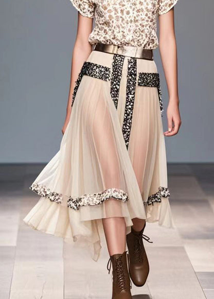 Beige Exra Large Hem Patchwork Silk Holiday Skirt Summer