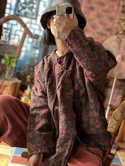 Stand Collar Print Pure Linen Loose Padded Coat
