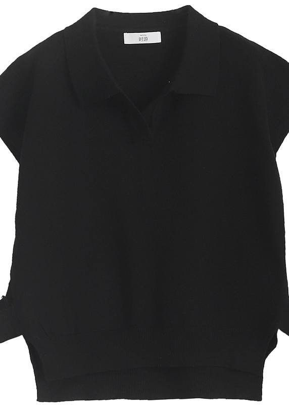 Chunky Black Knitwear Clothing Lapel Sleeveless Tops