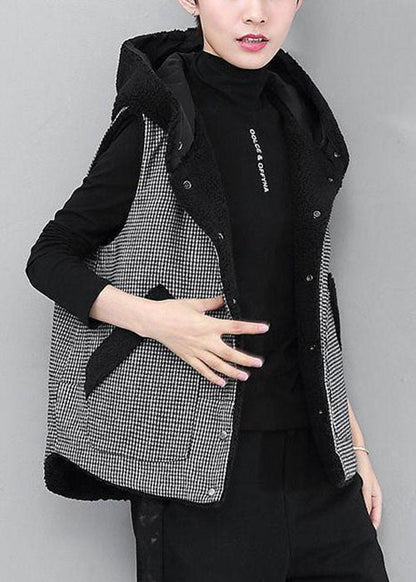 Diy Black Hooded Plaid Patchwork Faux Fur Winter Vest