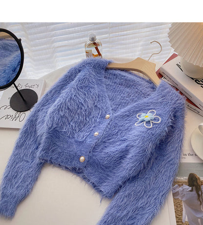 Mohair Sweater Small Flower Nail Bead Top Cardigan