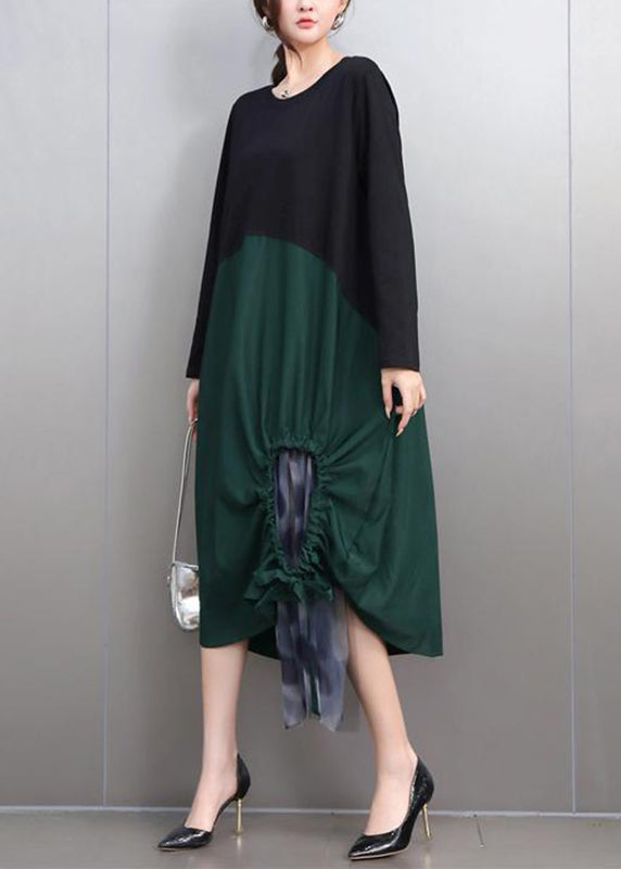 Green Hollow Out Tie Waist Long Dress Long Sleeve
