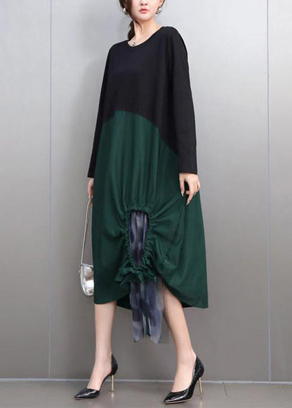 Green Hollow Out Tie Waist Long Dress Long Sleeve