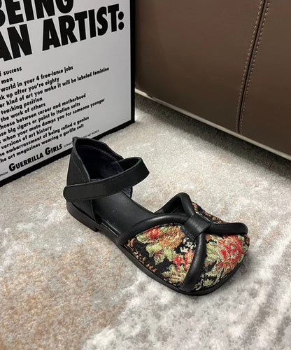 Handmade Embroidery Walking Sandals Black Cowhide Leather