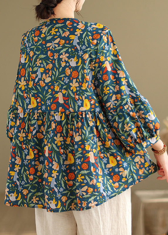 Diy Green Print Cotton a Line Shirt Tops Spring