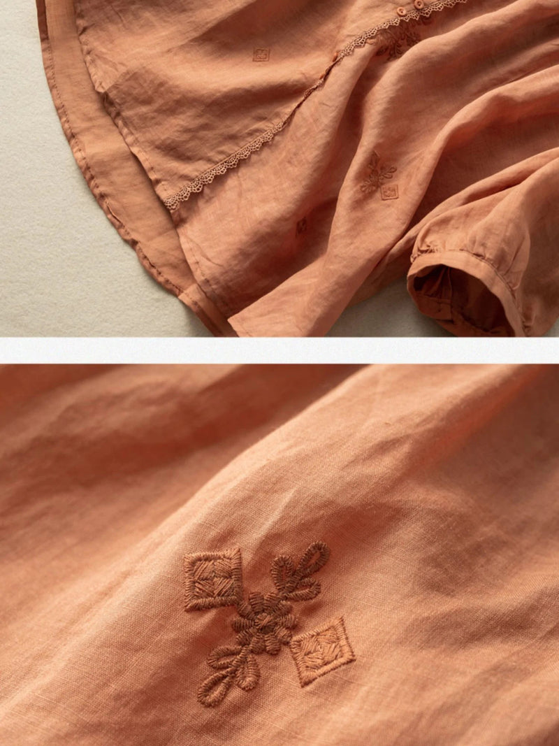 Embroidered V Neck 3/4 Sleeve Linen Shirt Top