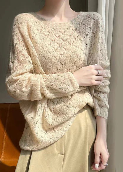 Apricot O Neck Hollow Out Patchwork Knit Top Fall