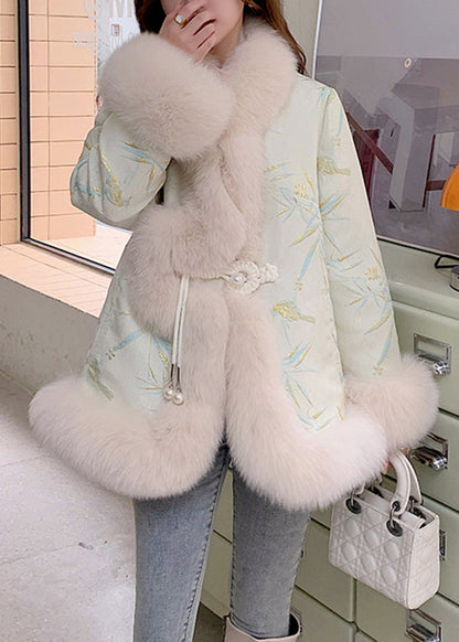 Beige Fox Collar Embroidered Leather and Fur Coats Winter