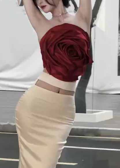 Red Tank and Beige Skirts Cotton Two Pieces Set Sleeveless