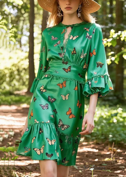 Tea Green Butterfly Silk Day Dress Lantern Sleeve