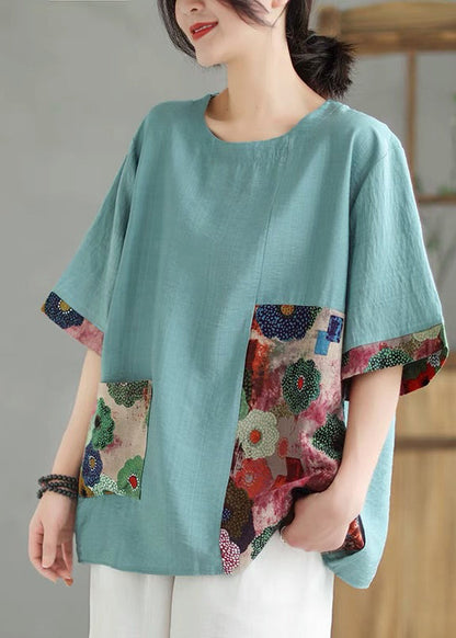 Loose Orange O-neck Print Tops Short Sleeve