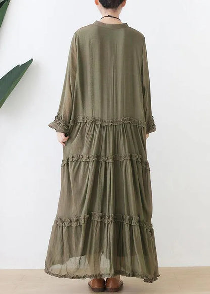 Organic Stand Collar Cinched Outfit Tutorials Army Green Dresses