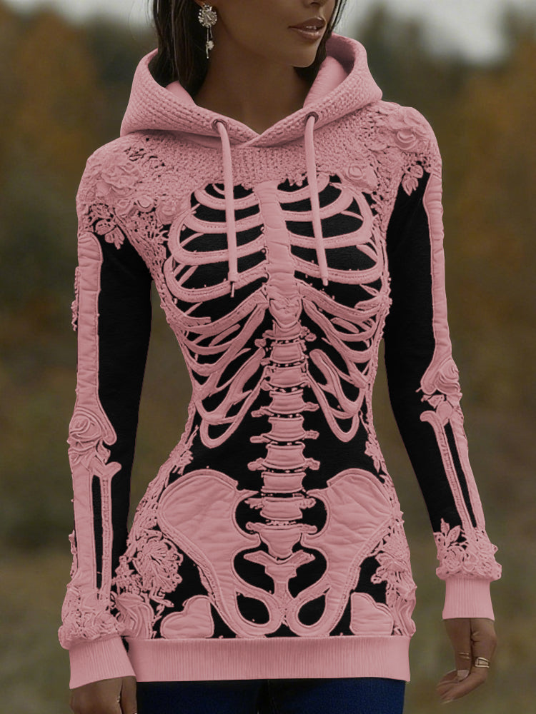 Women's Halloween Skeleton Bones With Roses Art Knitted Warm Hooded Sweater artswardrobe